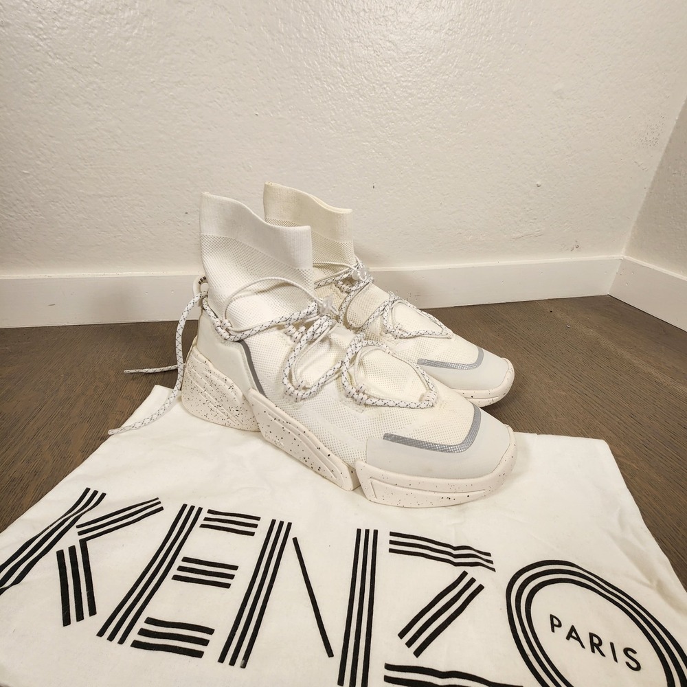 New KENZO PARIS White Sonic Sock Sneakers High Top Speckled Sole Men's 41 US 8